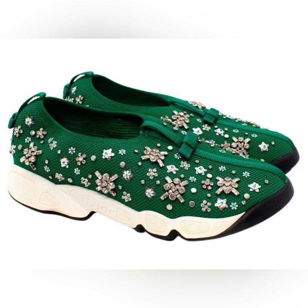 DIOR GREEN MESH FUSION EMBELLISHED LUXURY BOW DETAILS SNEAKERS SIZE 10